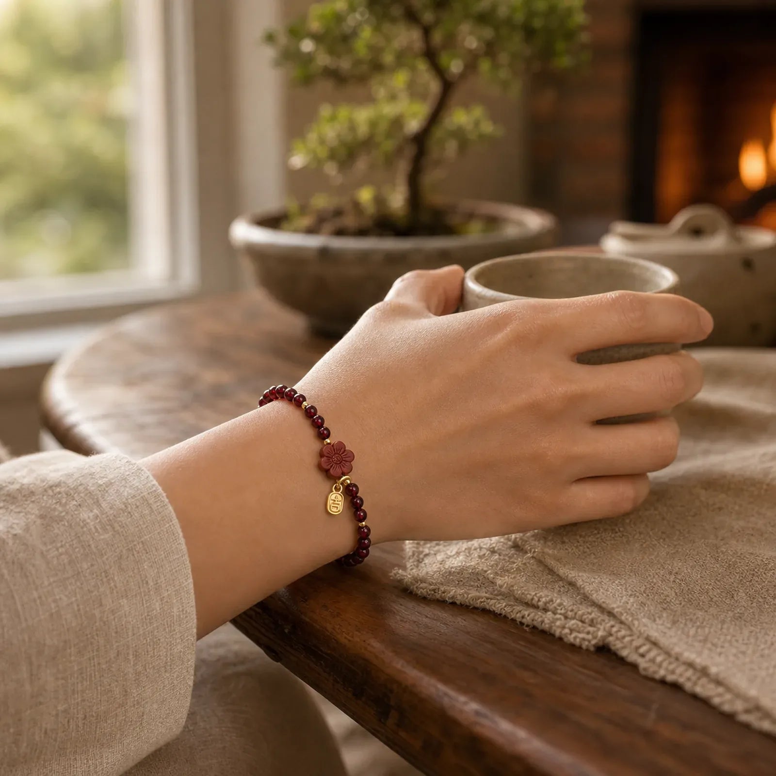 14K Gold Plated Natural Garnet Cinnabar Flower Calm Bracelet featuring Garnet, Cinnabar