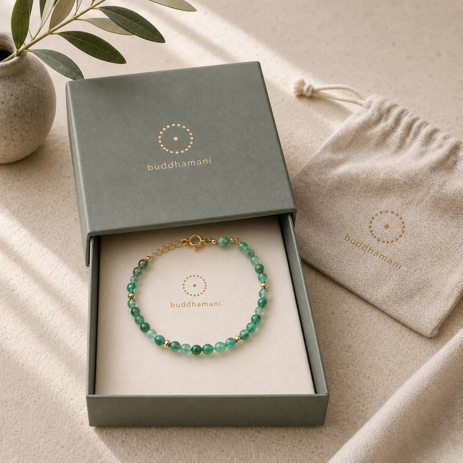 14K Gold Plated Natural Moss Agate Healing Bracelet featuring Moss Agate