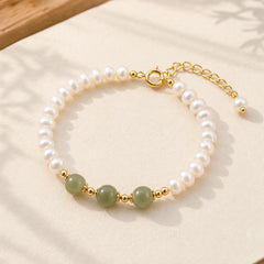 14K Gold Plated Natural Pearl Hetian Cyan Jade White Jade Sincerity Bead Chain Bracelet featuring Pearl, Cyan Jade, Jade