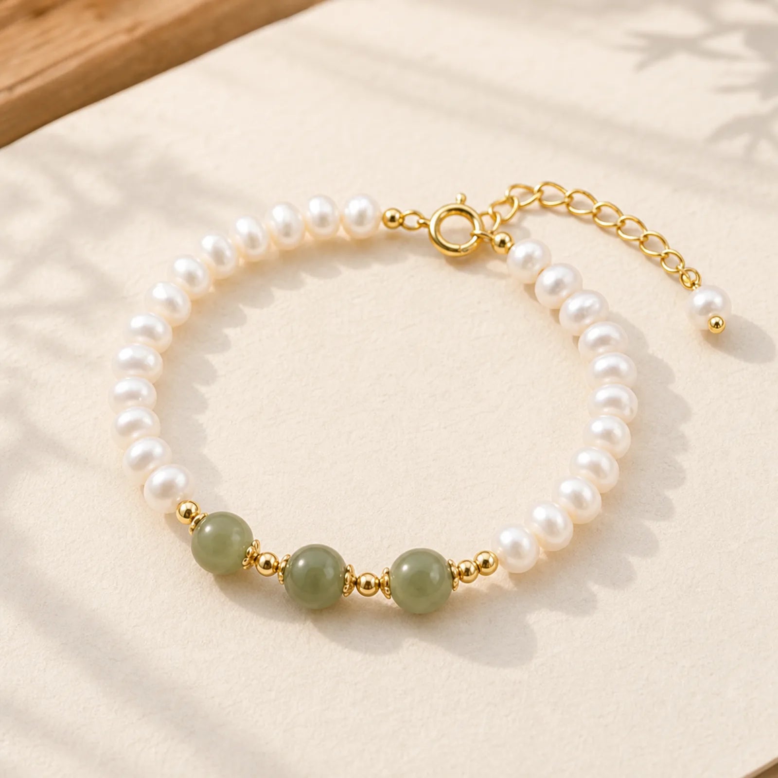 14K Gold Plated Natural Pearl Hetian Cyan Jade White Jade Sincerity Bead Chain Bracelet featuring Pearl, Cyan Jade, Jade
