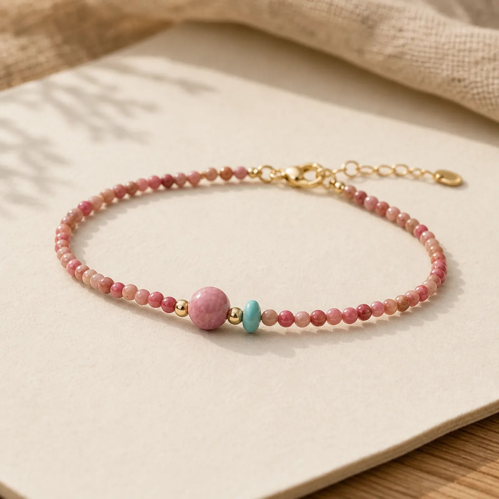 14K Gold Plated Natural Rhodonite Loving Energy Chain Bracelet featuring Rhodonite, Turquoise