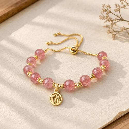 14K Gold Plated Natural Strawberry Quartz Fu Character Positive Charm Bracelet featuring Strawberry Quartz, Fu Character