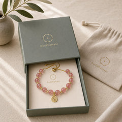 14K Gold Plated Natural Strawberry Quartz Fu Character Positive Charm Bracelet featuring Strawberry Quartz, Fu Character