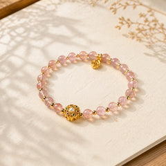 14K Gold Plated Natural Strawberry Quartz Labradorite Sun Stone Fu Character Positive Charm Bracelet featuring Strawberry Quartz, Labradorite, Sun Stone