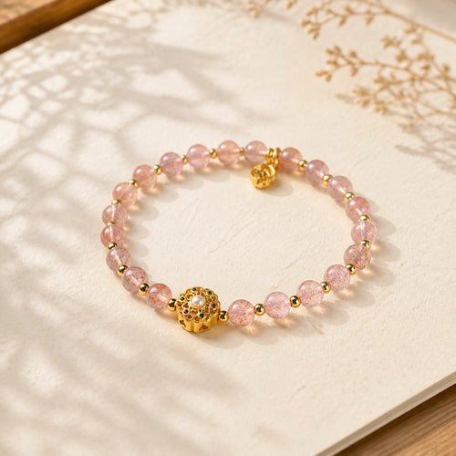 14K Gold Plated Natural Strawberry Quartz Labradorite Sun Stone Fu Character Positive Charm Bracelet featuring Strawberry Quartz, Labradorite, Sun Stone