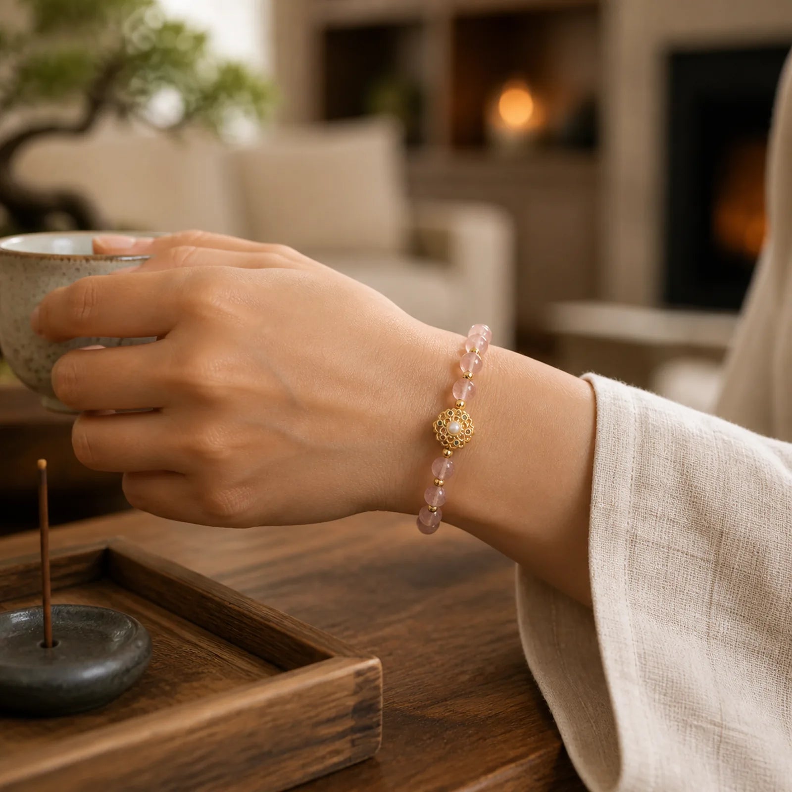 14K Gold Plated Natural Strawberry Quartz Labradorite Sun Stone Fu Character Positive Charm Bracelet featuring Strawberry Quartz, Labradorite, Sun Stone