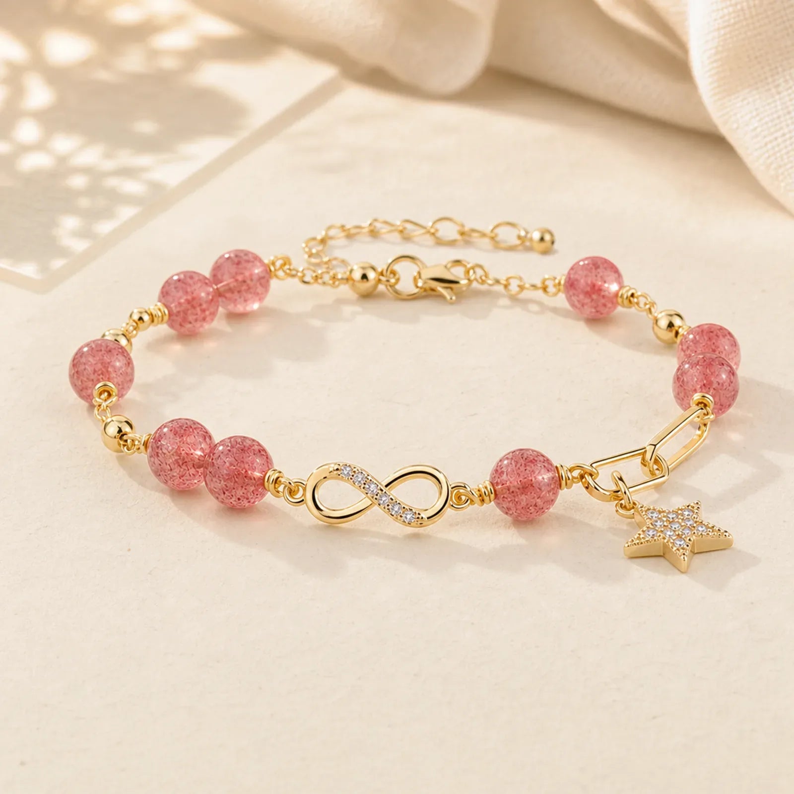 14K Gold Plated Natural Strawberry Quartz Moonstone Möbius Loop Eternal Love Star Positive Bracelet featuring Strawberry Quartz, Moonstone
