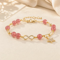 14K Gold Plated Natural Strawberry Quartz Moonstone Möbius Loop Eternal Love Star Positive Bracelet featuring Strawberry Quartz, Moonstone