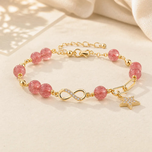 14K Gold Plated Natural Strawberry Quartz Moonstone Möbius Loop Eternal Love Star Positive Bracelet featuring Strawberry Quartz, Moonstone