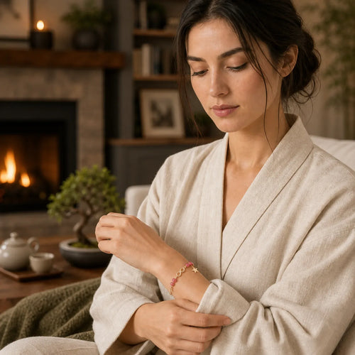 14K Gold Plated Natural Strawberry Quartz Moonstone Möbius Loop Eternal Love Star Positive Bracelet featuring Strawberry Quartz, Moonstone