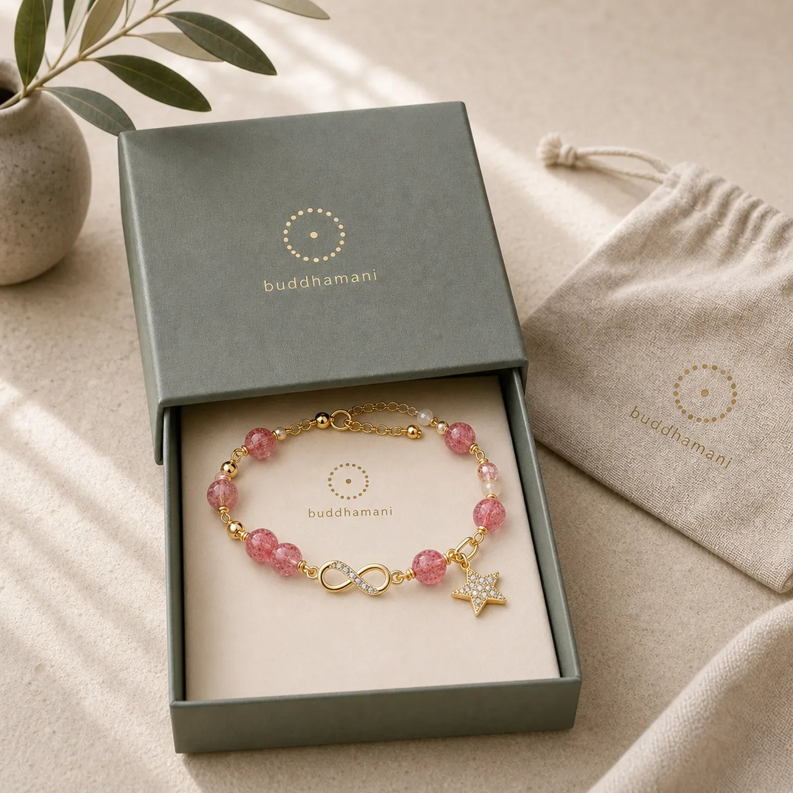 14K Gold Plated Natural Strawberry Quartz Moonstone Möbius Loop Eternal Love Star Positive Bracelet featuring Strawberry Quartz, Moonstone