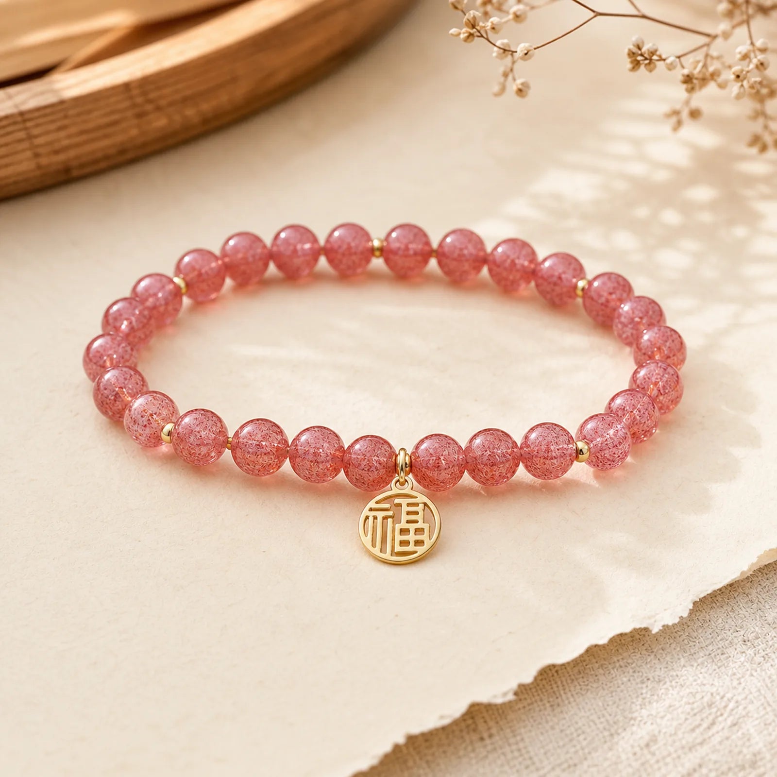 14K Gold Plated Strawberry Quartz Fu Character Healing Charm Bracelet featuring Strawberry Quartz, Fu Character