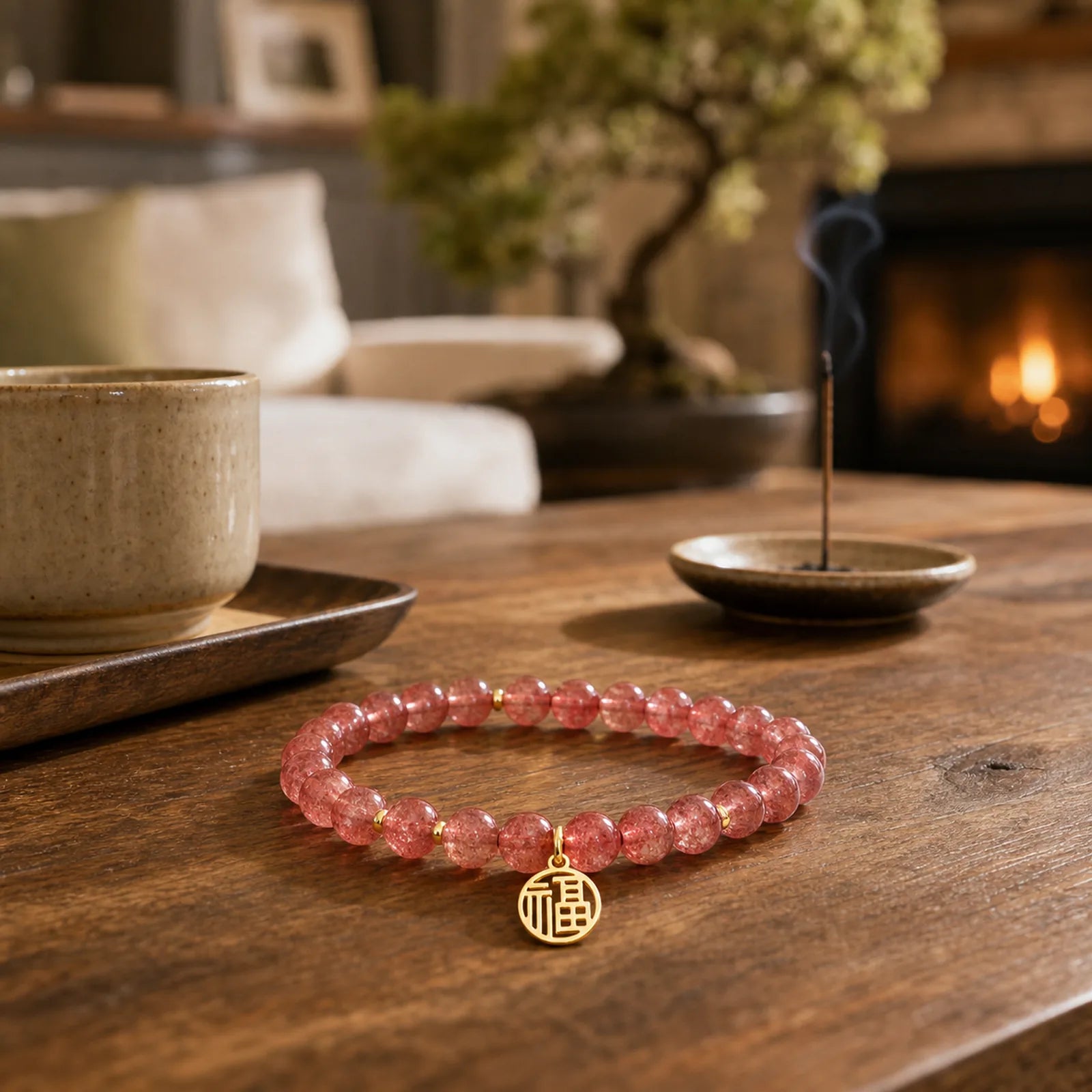 14K Gold Plated Strawberry Quartz Fu Character Healing Charm Bracelet featuring Strawberry Quartz, Fu Character