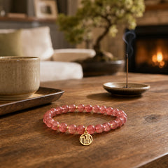 14K Gold Plated Strawberry Quartz Fu Character Healing Charm Bracelet featuring Strawberry Quartz, Fu Character