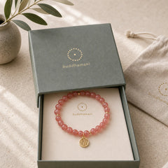 14K Gold Plated Strawberry Quartz Fu Character Healing Charm Bracelet featuring Strawberry Quartz, Fu Character