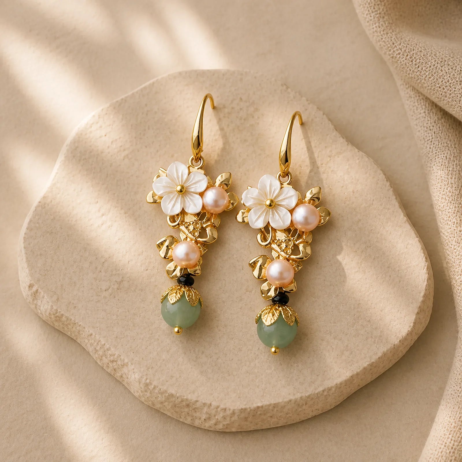 14K Gold Plated Tridacna Stone Flower Pearl Green Aventurine Bead Drop Earrings featuring Tridacna Stone, Pearl, Green Aventurine