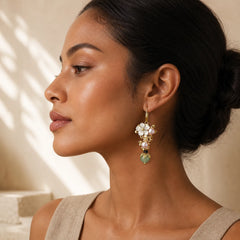 14K Gold Plated Tridacna Stone Flower Pearl Green Aventurine Bead Drop Earrings featuring Tridacna Stone, Pearl, Green Aventurine