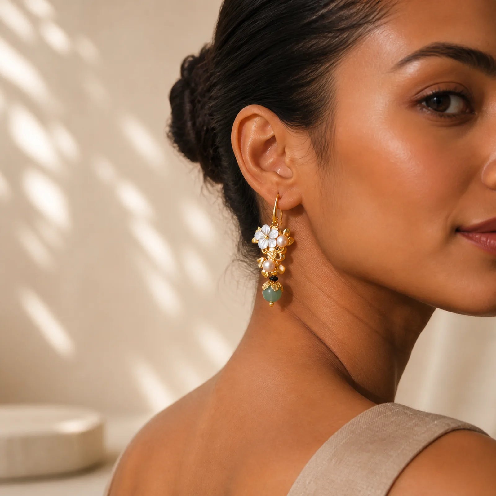 14K Gold Plated Tridacna Stone Flower Pearl Green Aventurine Bead Drop Earrings featuring Tridacna Stone, Pearl, Green Aventurine
