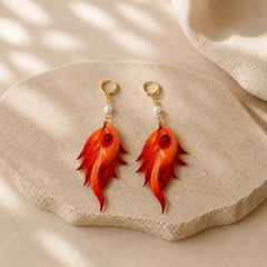 14K Gold-plated Copper Handmade Velvet Flower Mulberry Silk Red Feather Drop Earrings featuring Copper, Jade, Dragon