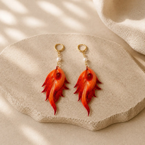14K Gold-plated Copper Handmade Velvet Flower Mulberry Silk Red Feather Drop Earrings featuring Copper, Jade, Dragon