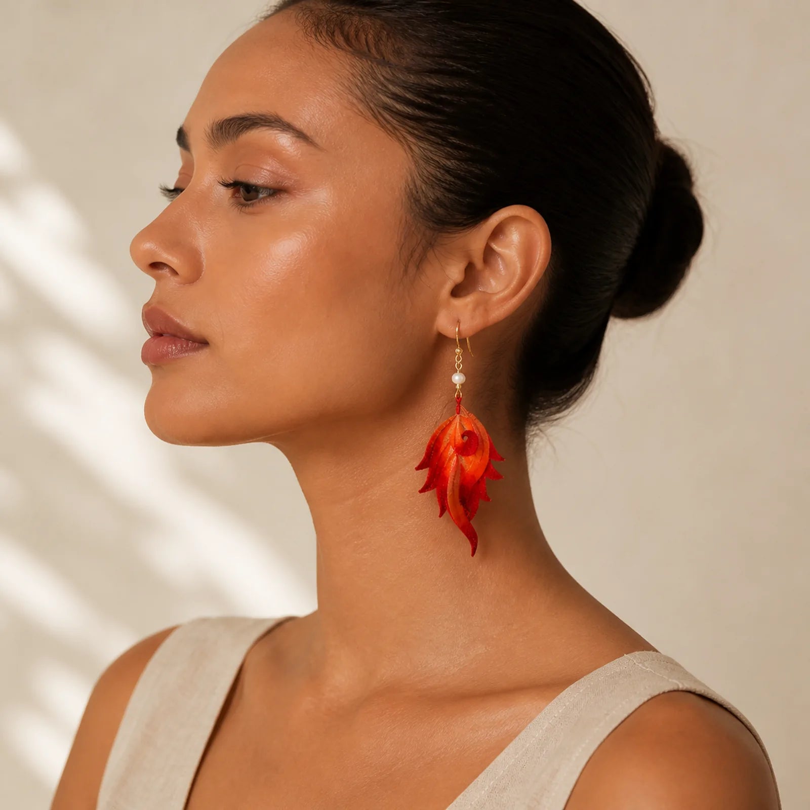 14K Gold-plated Copper Handmade Velvet Flower Mulberry Silk Red Feather Drop Earrings featuring Copper, Jade, Dragon