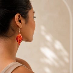 14K Gold-plated Copper Handmade Velvet Flower Mulberry Silk Red Feather Drop Earrings featuring Copper, Jade, Dragon