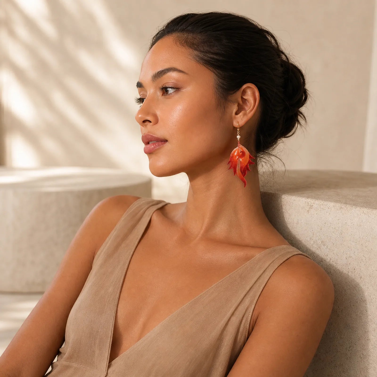 14K Gold-plated Copper Handmade Velvet Flower Mulberry Silk Red Feather Drop Earrings featuring Copper, Jade, Dragon