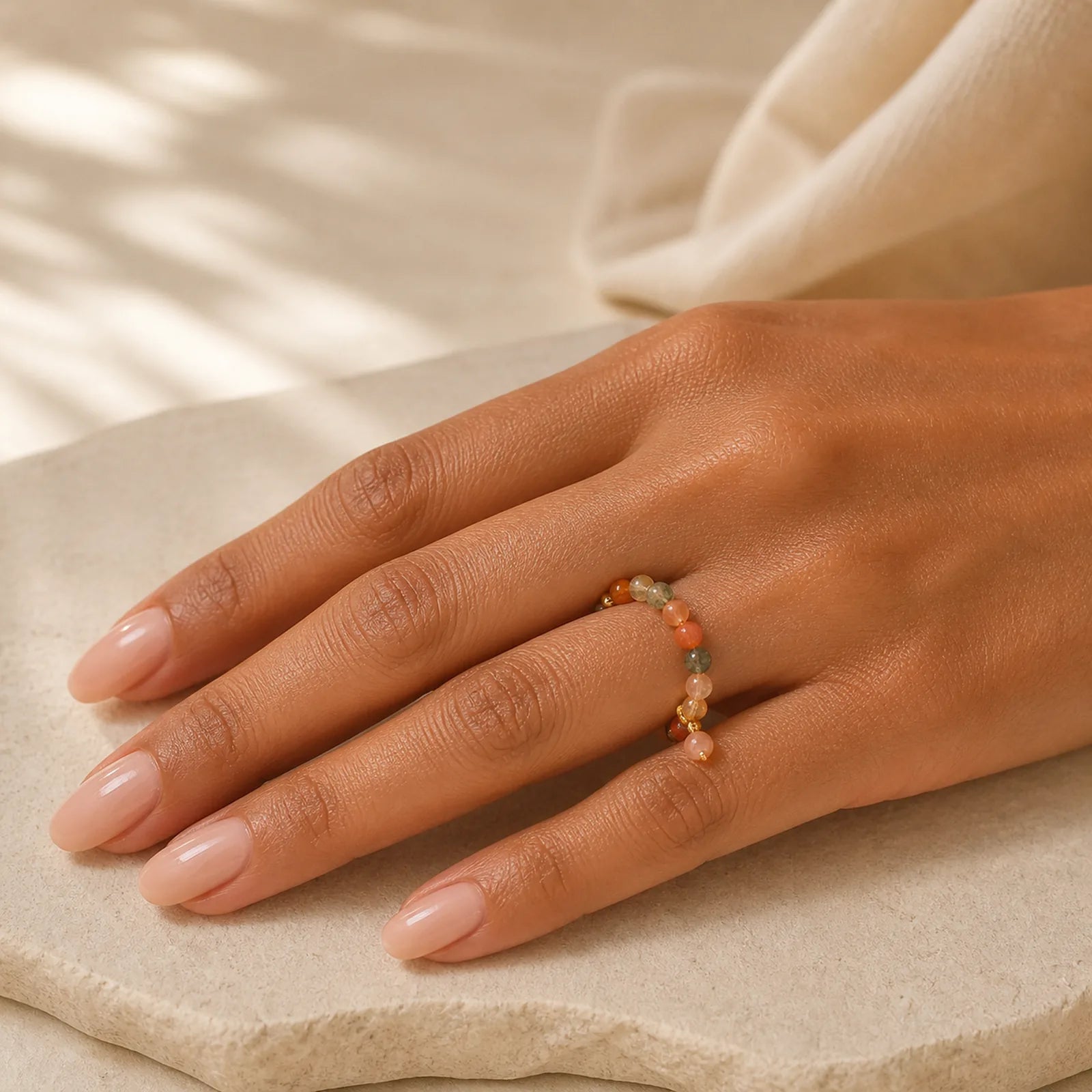 14k Gold Plated Copper Fu Lu Shou Crystal Peach Moonstone Happiness Wealth Ring featuring Copper, Fu Lu Shou Crystal, Peach Moonstone