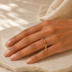 14k Gold Plated Copper Fu Lu Shou Crystal Peach Moonstone Happiness Wealth Ring featuring Copper, Fu Lu Shou Crystal, Peach Moonstone
