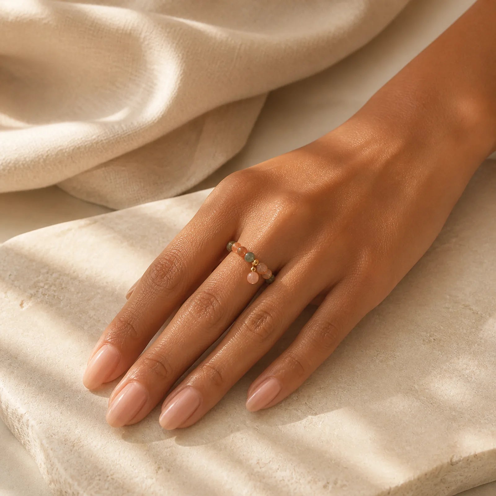14k Gold Plated Copper Fu Lu Shou Crystal Peach Moonstone Happiness Wealth Ring featuring Copper, Fu Lu Shou Crystal, Peach Moonstone