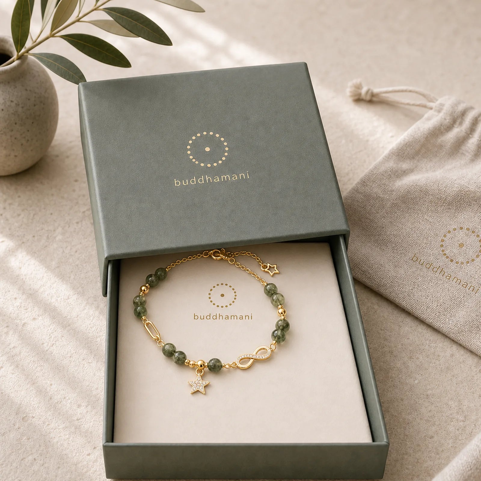 14k Gold Plated Copper Green Rutilated Quartz Möbius Loop Eternal Love Star Protection Bracelet featuring Copper, Rutilated Quartz