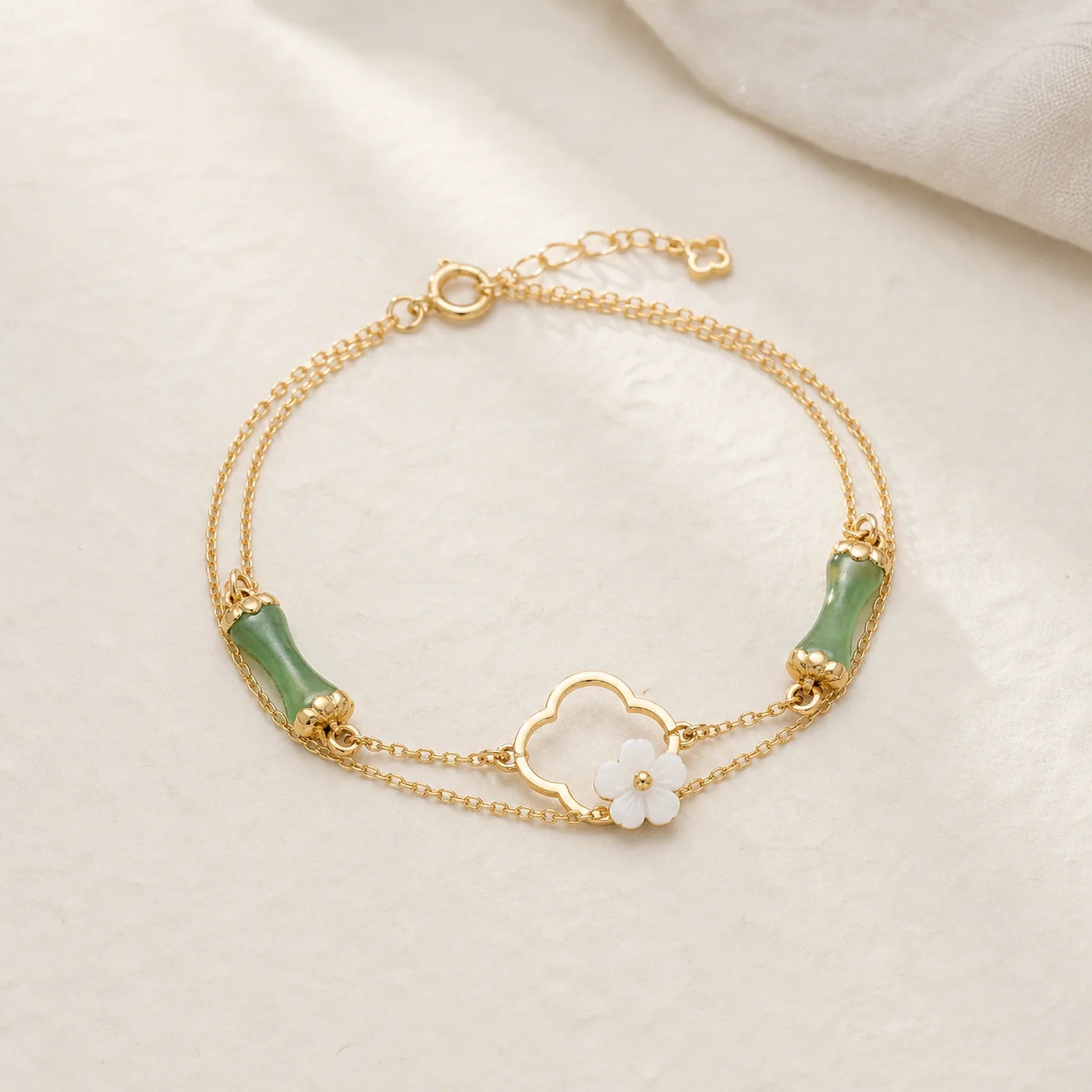 14k Gold Plated Copper Peridot Bamboo Flower Wealth Double Layer Bracelet featuring Copper, Peridot, Bamboo