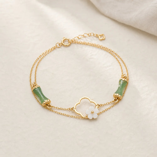 14k Gold Plated Copper Peridot Bamboo Flower Wealth Double Layer Bracelet featuring Copper, Peridot, Bamboo