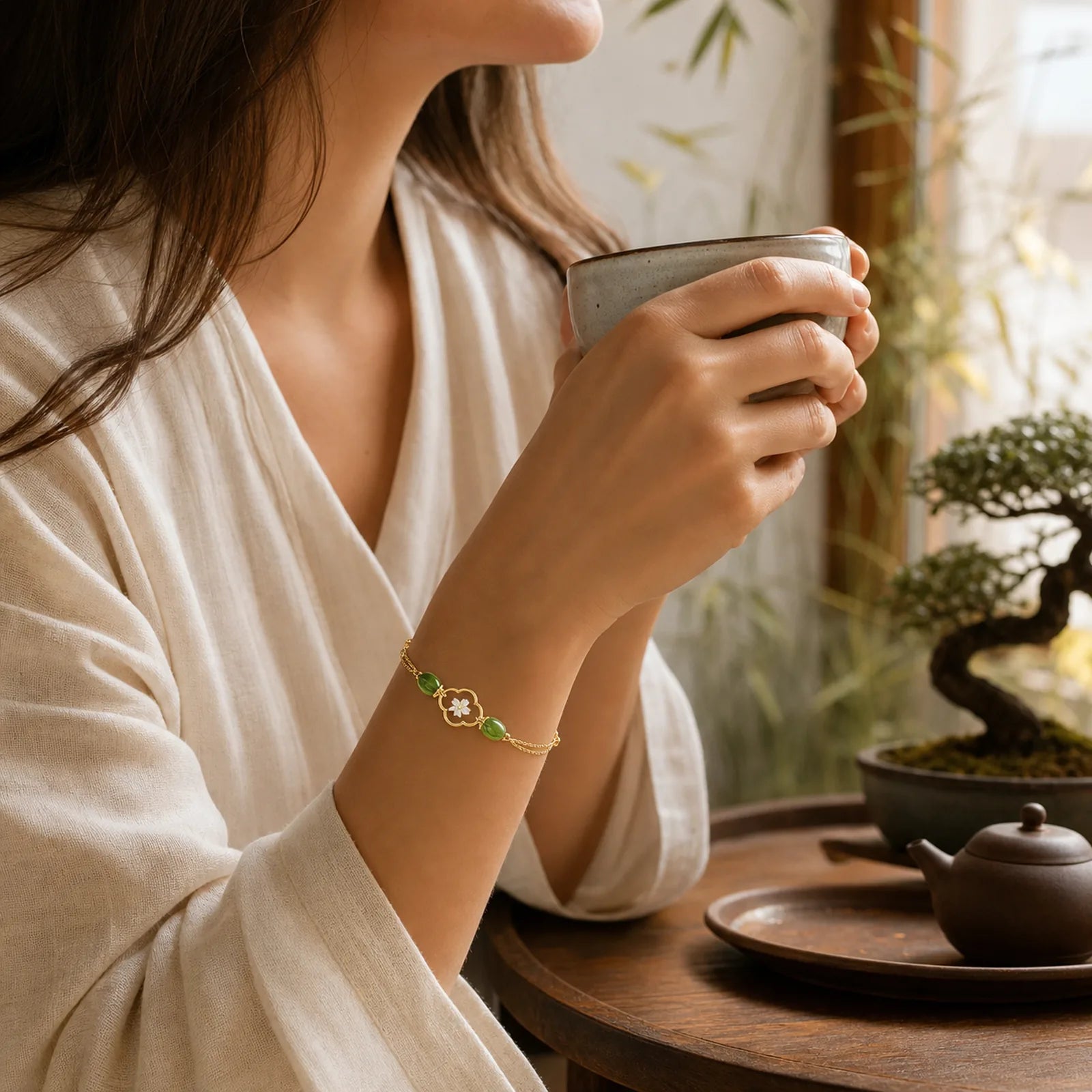 14k Gold Plated Copper Peridot Bamboo Flower Wealth Double Layer Bracelet featuring Copper, Peridot, Bamboo