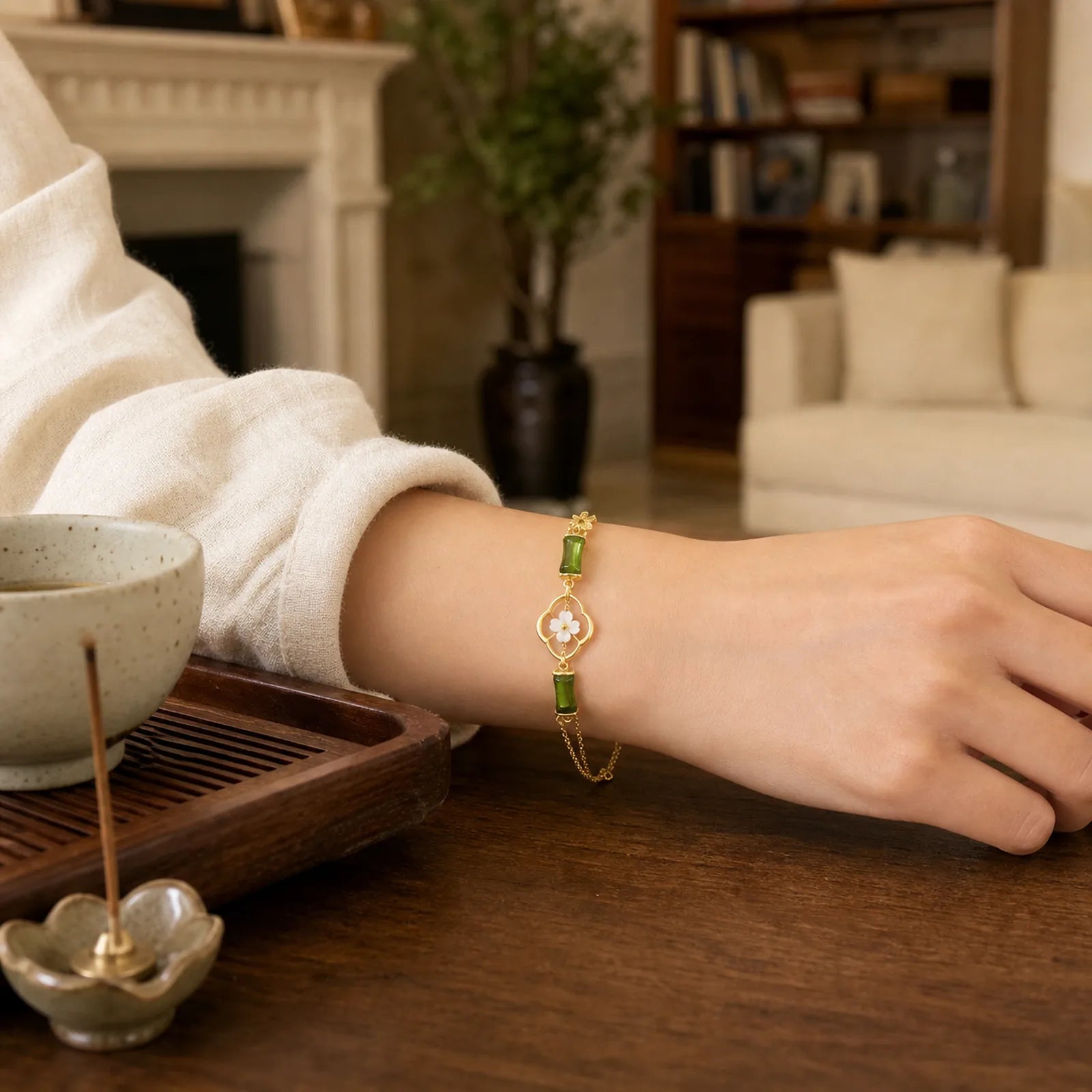 14k Gold Plated Copper Peridot Bamboo Flower Wealth Double Layer Bracelet featuring Copper, Peridot, Bamboo