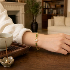 14k Gold Plated Copper Peridot Bamboo Flower Wealth Double Layer Bracelet featuring Copper, Peridot, Bamboo