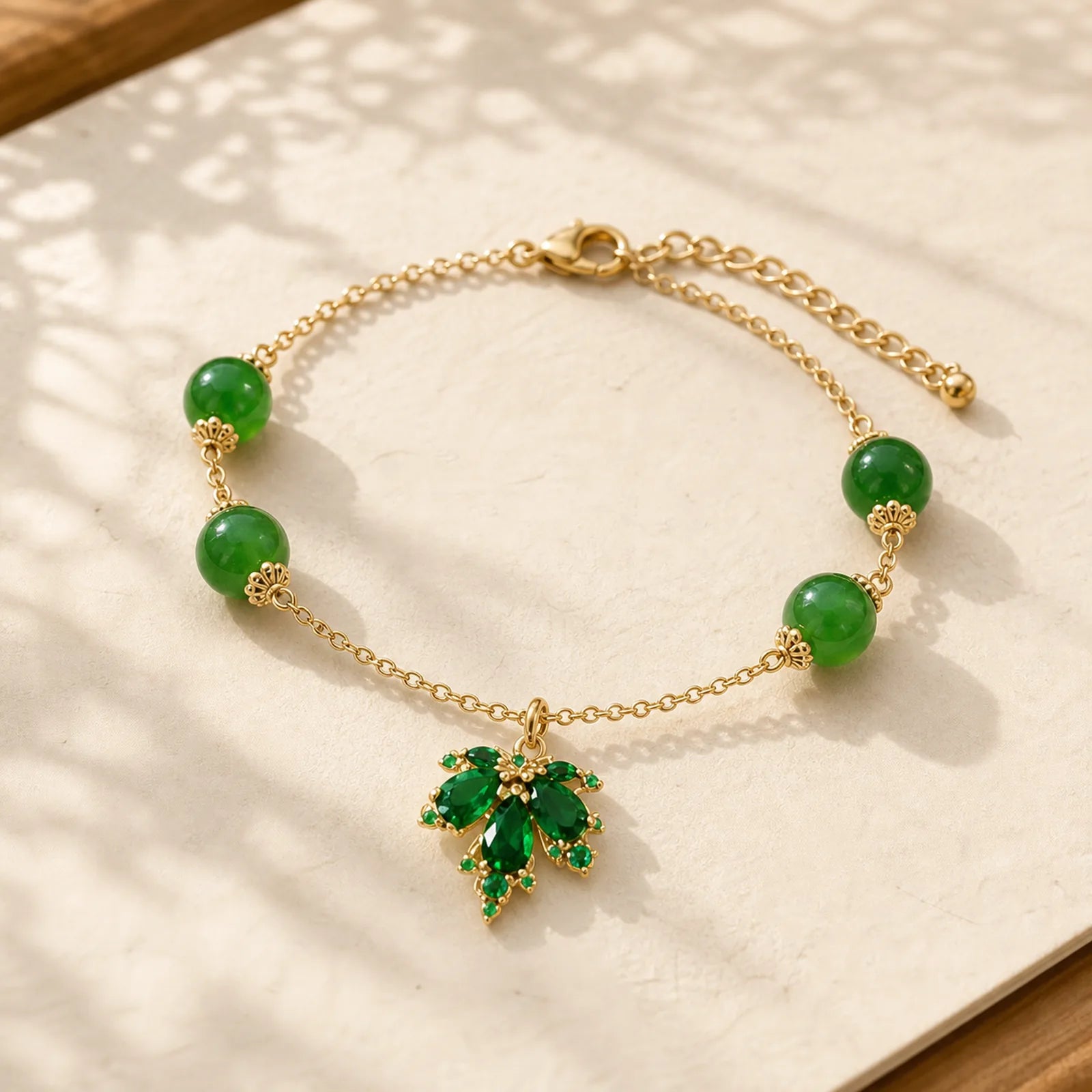 14k Gold Plated Green Chalcedony Maple Leaf Courage Strength Bracelet featuring Green Chalcedony, Chalcedony