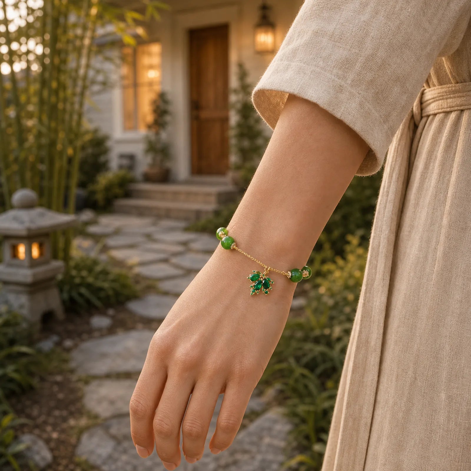 14k Gold Plated Green Chalcedony Maple Leaf Courage Strength Bracelet featuring Green Chalcedony, Chalcedony