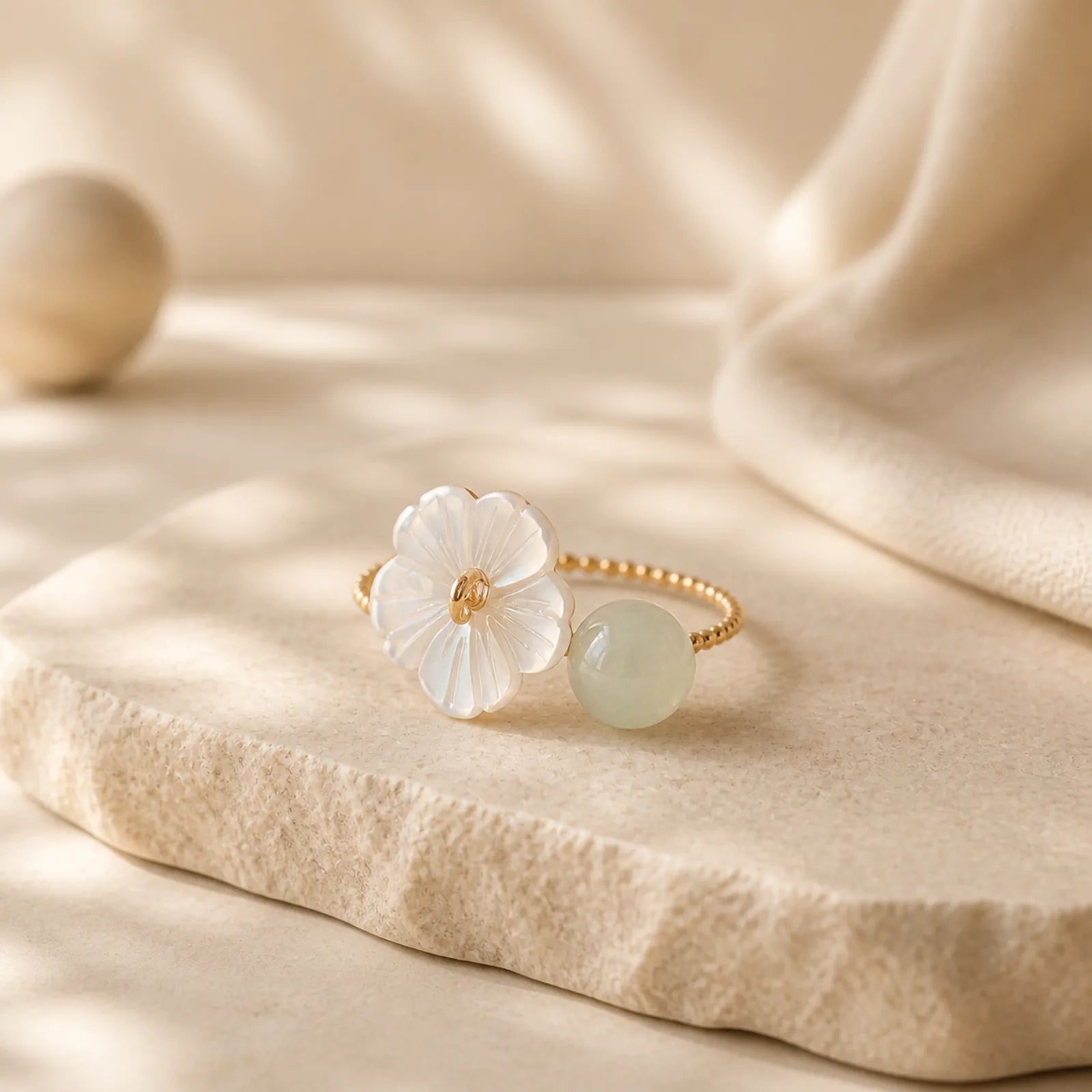 14k Gold Plated Round Hetian Jade Tridacna Stone Peach Blossom Flower Butterfly Prosperity Adjustable Ring (Extra 35% Off | USE CODE: FS35) featuring Jade, Tridacna Stone, Butterfly