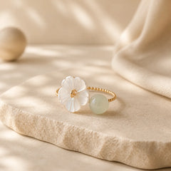 14k Gold Plated Round Hetian Jade Tridacna Stone Peach Blossom Flower Butterfly Prosperity Adjustable Ring (Extra 35% Off | USE CODE: FS35) featuring Jade, Tridacna Stone, Butterfly
