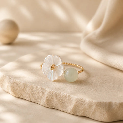 14k Gold Plated Round Hetian Jade Tridacna Stone Peach Blossom Flower Butterfly Prosperity Adjustable Ring (Extra 35% Off | USE CODE: FS35) featuring Jade, Tridacna Stone, Butterfly