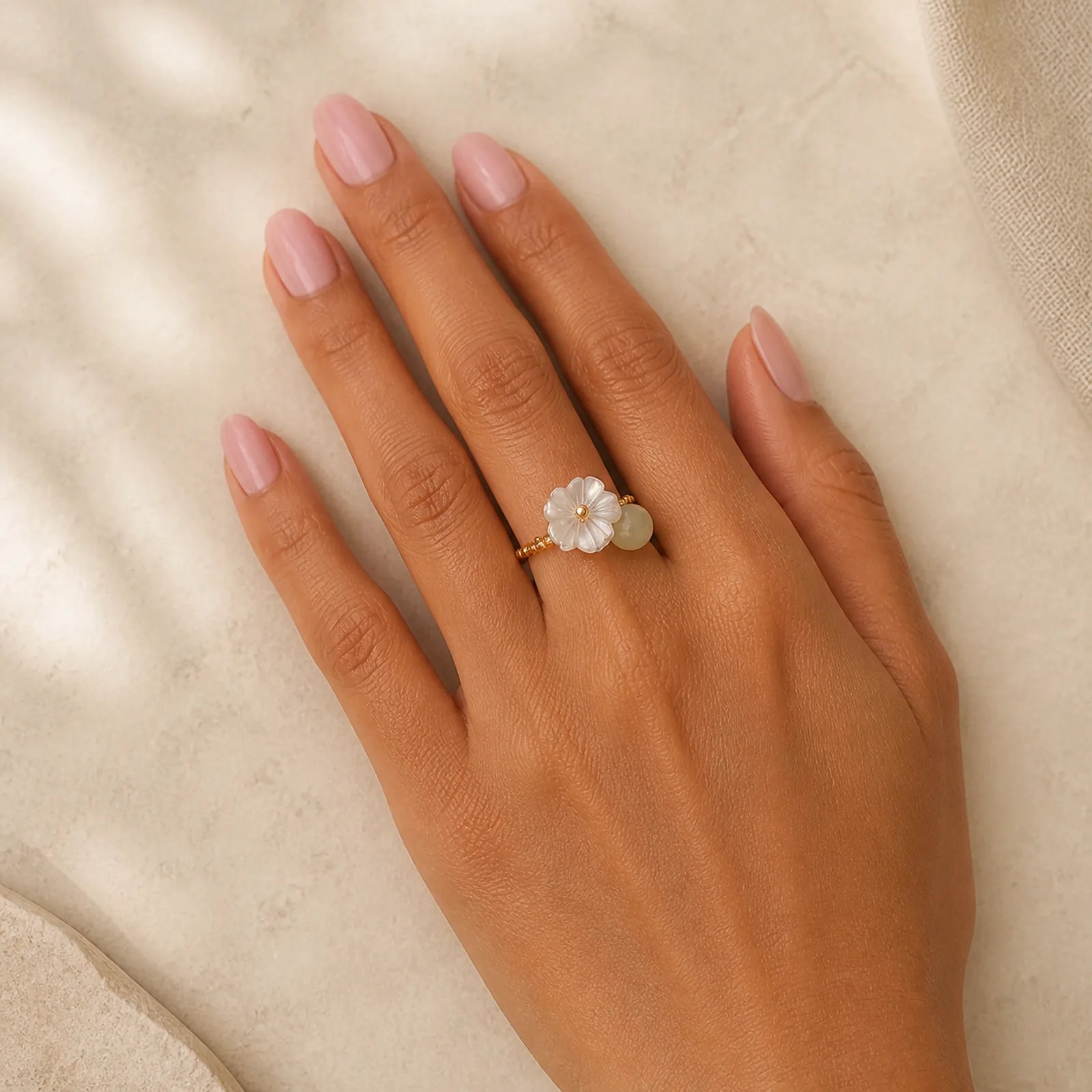 14k Gold Plated Round Hetian Jade Tridacna Stone Peach Blossom Flower Butterfly Prosperity Adjustable Ring (Extra 35% Off | USE CODE: FS35) featuring Jade, Tridacna Stone, Butterfly