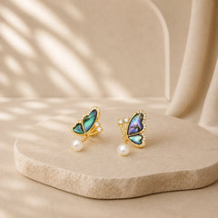 18K Gold Plated Copper Pearl Butterfly Love Stud Earrings featuring Copper, Pearl, Butterfly