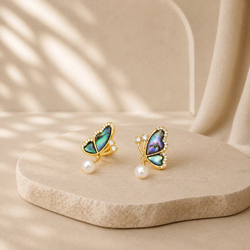 18K Gold Plated Copper Pearl Butterfly Love Stud Earrings featuring Copper, Pearl, Butterfly