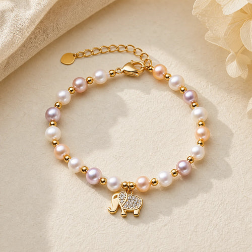 18K Gold Plated Pearl Elephant Zircon Charm Sincerity Bracelet featuring Pearl, Elephant Symbol, Copper