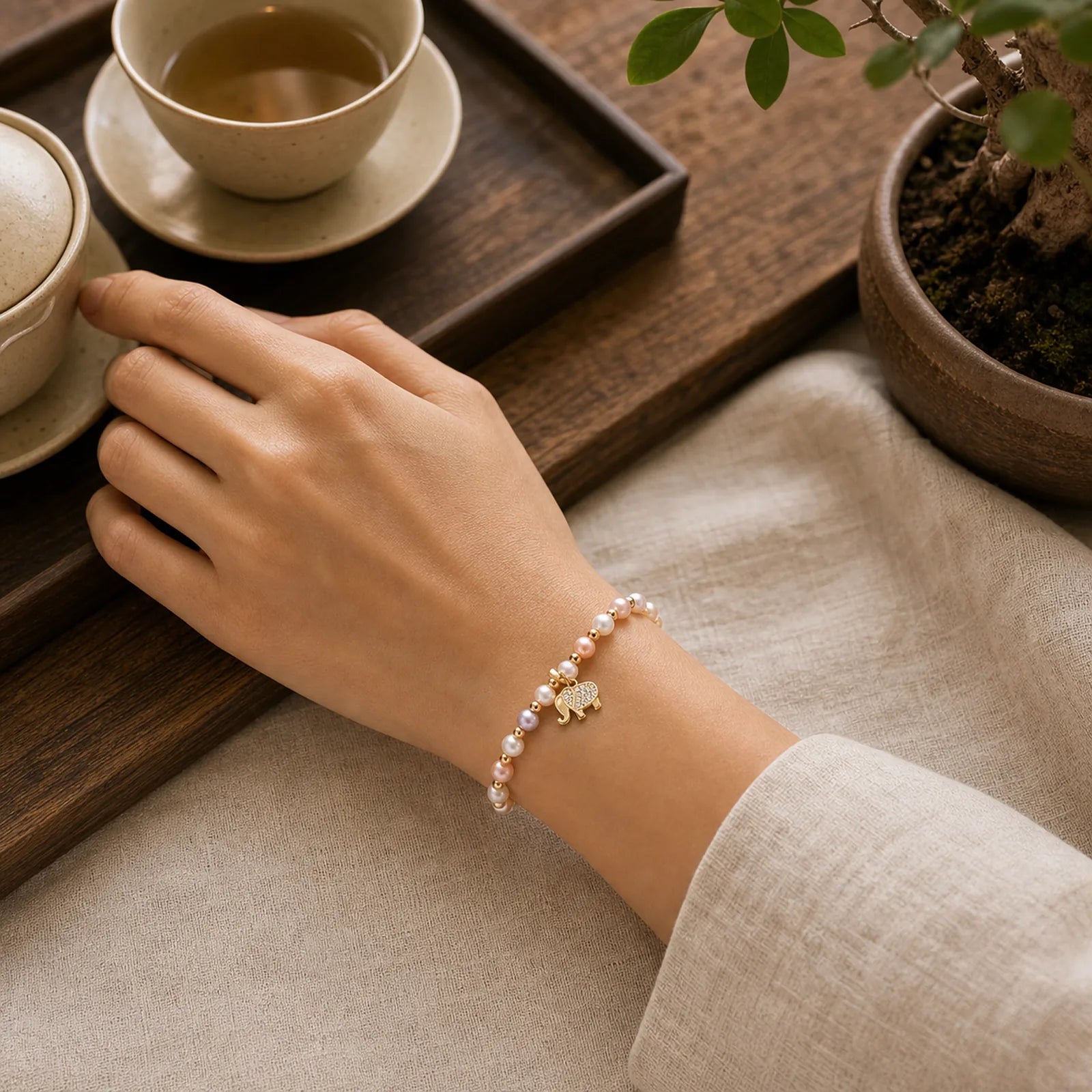18K Gold Plated Pearl Elephant Zircon Charm Sincerity Bracelet featuring Pearl, Elephant Symbol, Copper