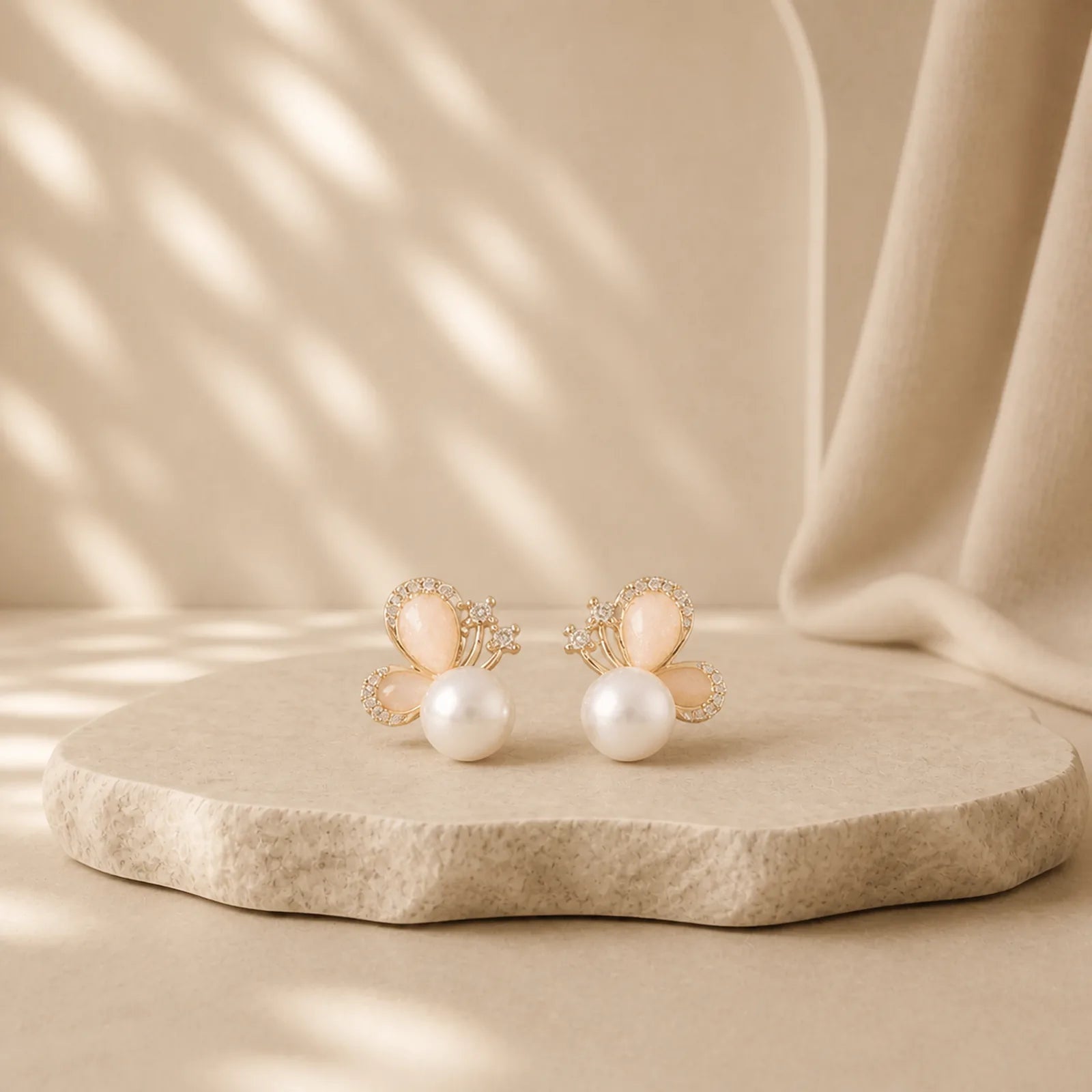 18k Gold Plated Pearl Butterfly Love Freedom Stud Earrings featuring Pearl, Butterfly, Feng Shui Butterfly