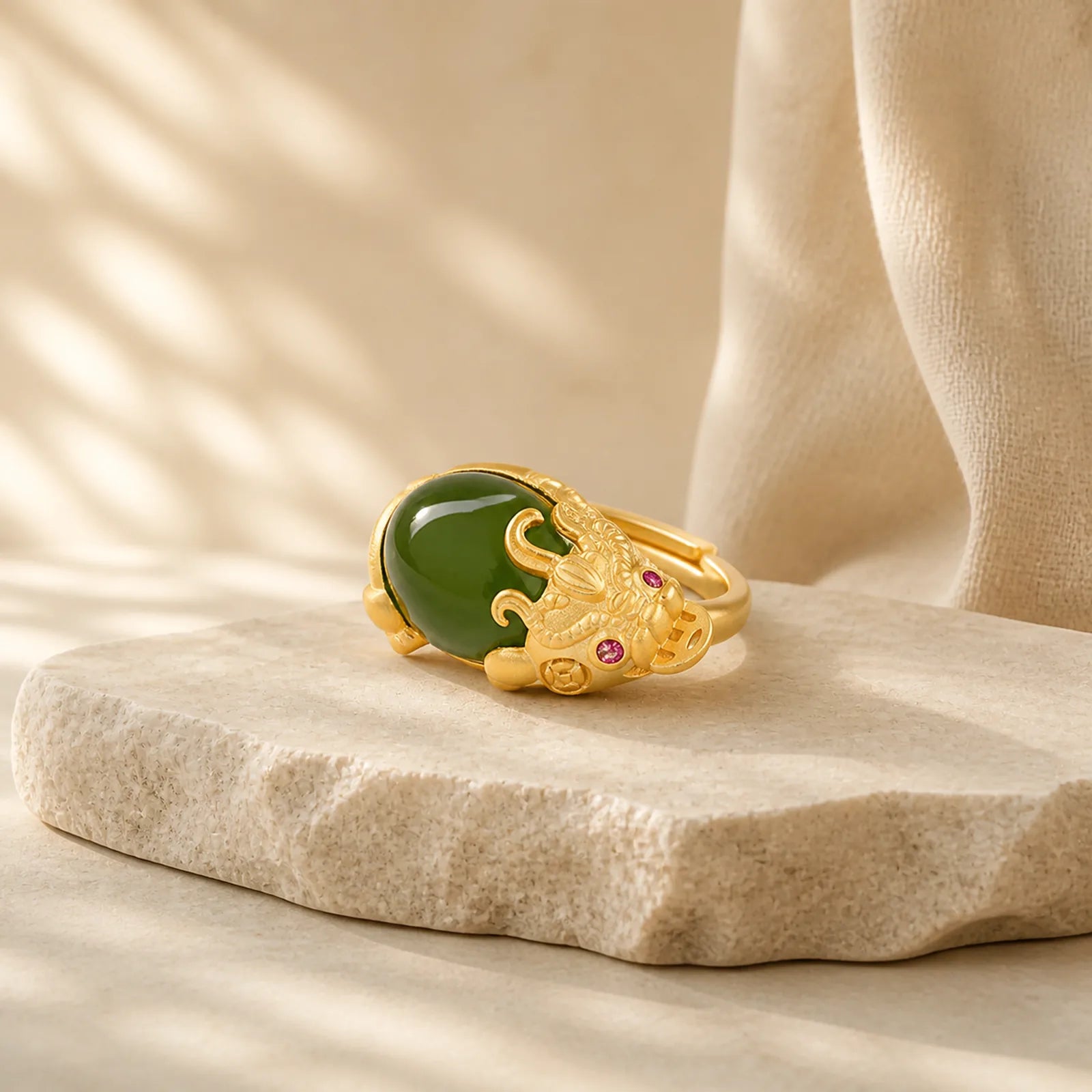 18k Gold-plated Pixiu Jade Wealth Ring (Extra 35% Off | USE CODE: FS35) featuring Pixiu, Jade, White Jade