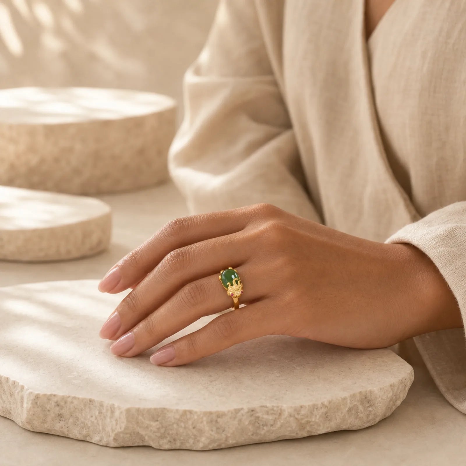 18k Gold-plated Pixiu Jade Wealth Ring (Extra 35% Off | USE CODE: FS35) featuring Pixiu, Jade, White Jade