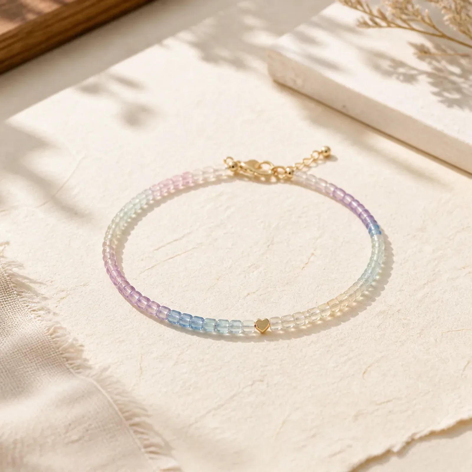 2.5mm Fluorite Ultra-thin Beads 14k Gold Plated Copper Heart Power Bracelet featuring Fluorite, Copper